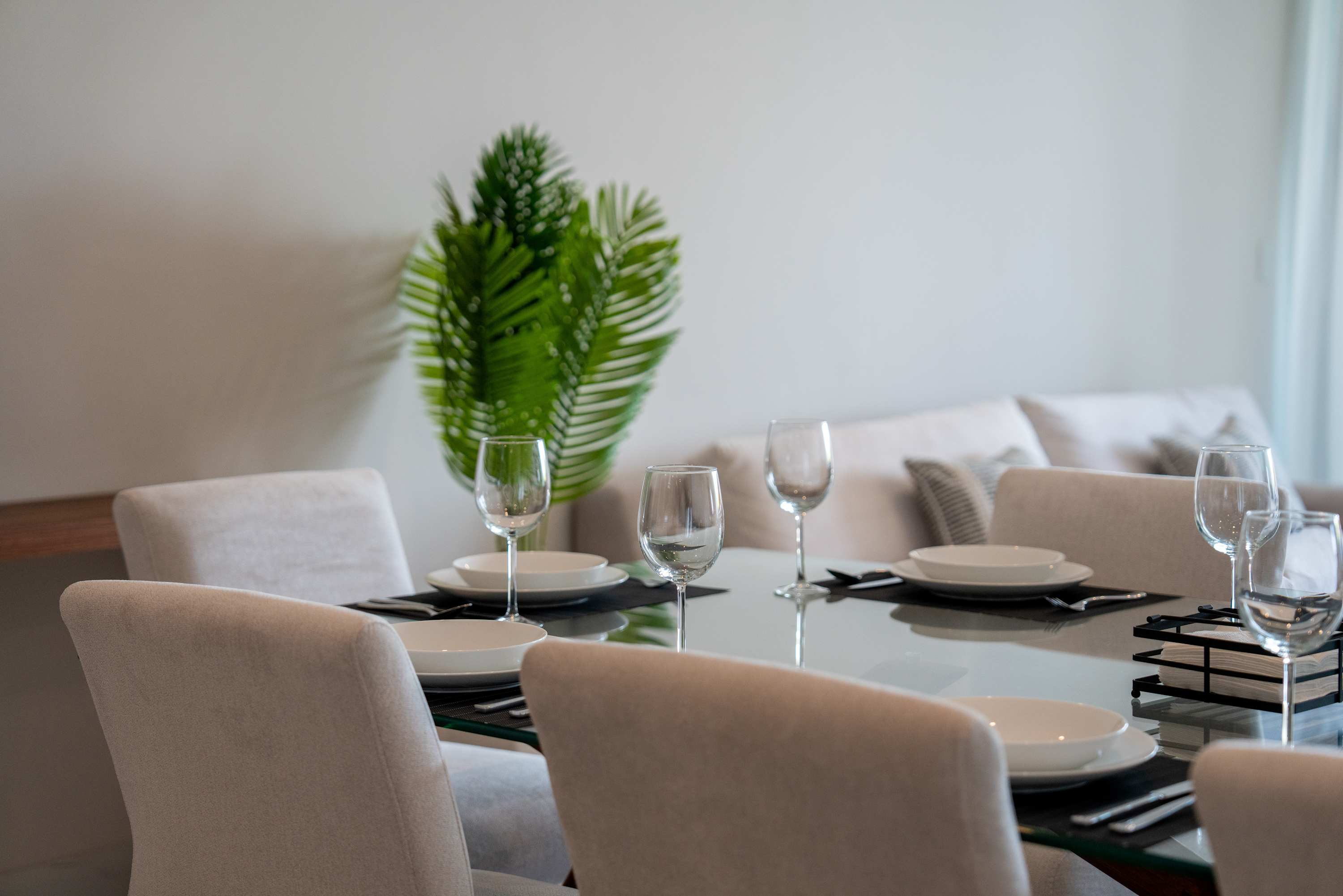A dining table is set with plates, glasses, and cutlery, with chairs around it and a plant in the ba