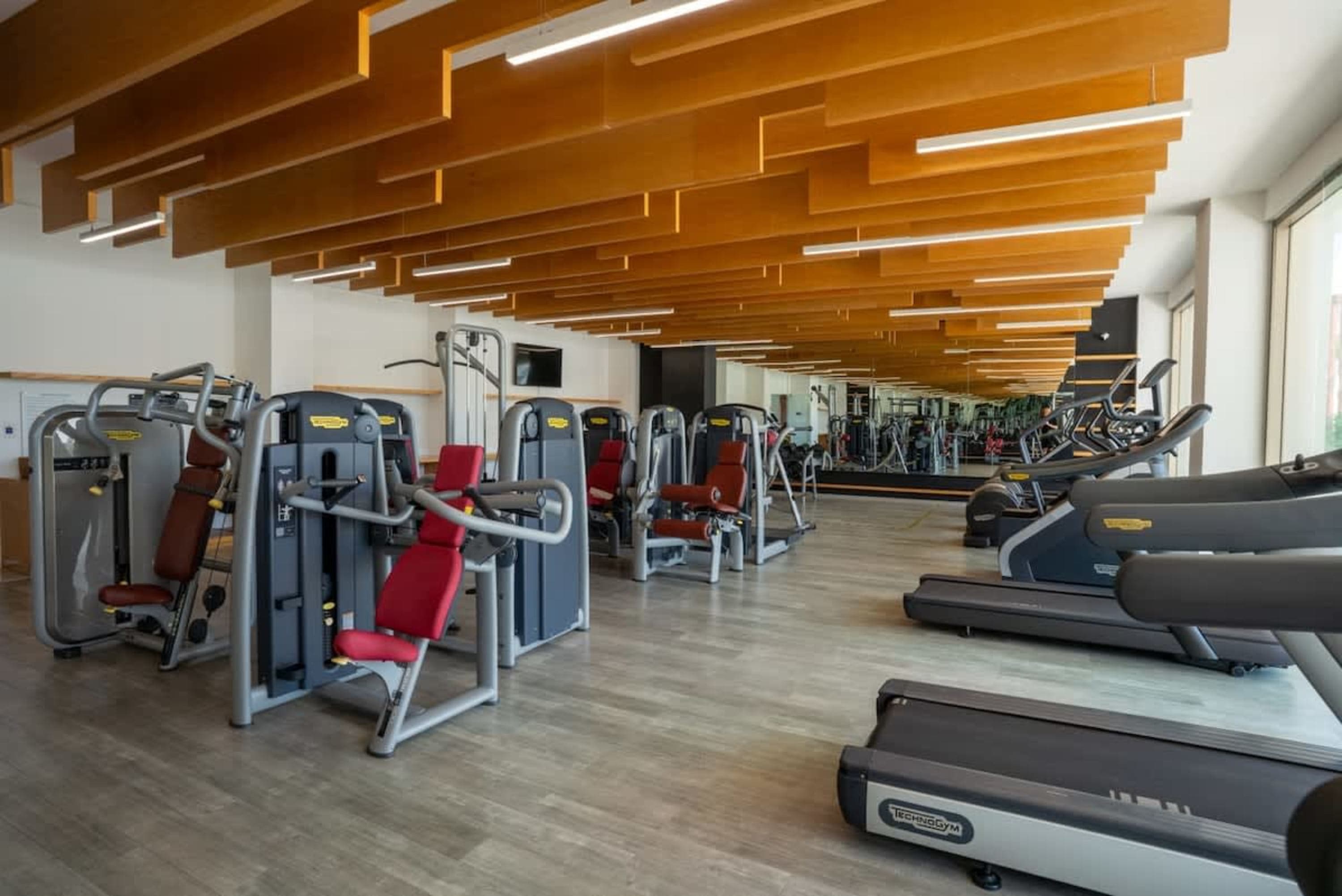 Gym with treadmills, weight machines, and wood-paneled ceiling.