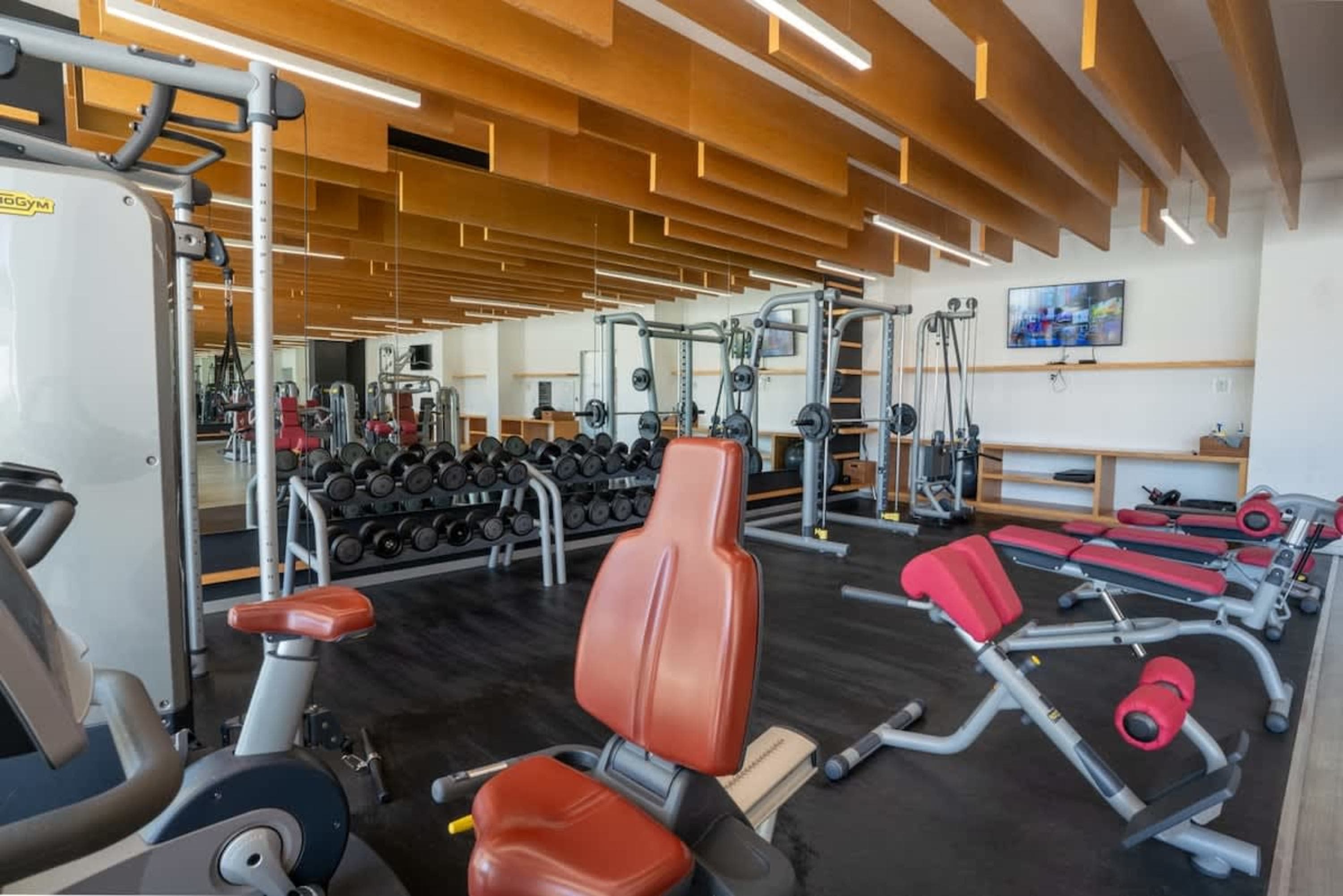 A modern gym with weight racks, exercise machines, and benches.