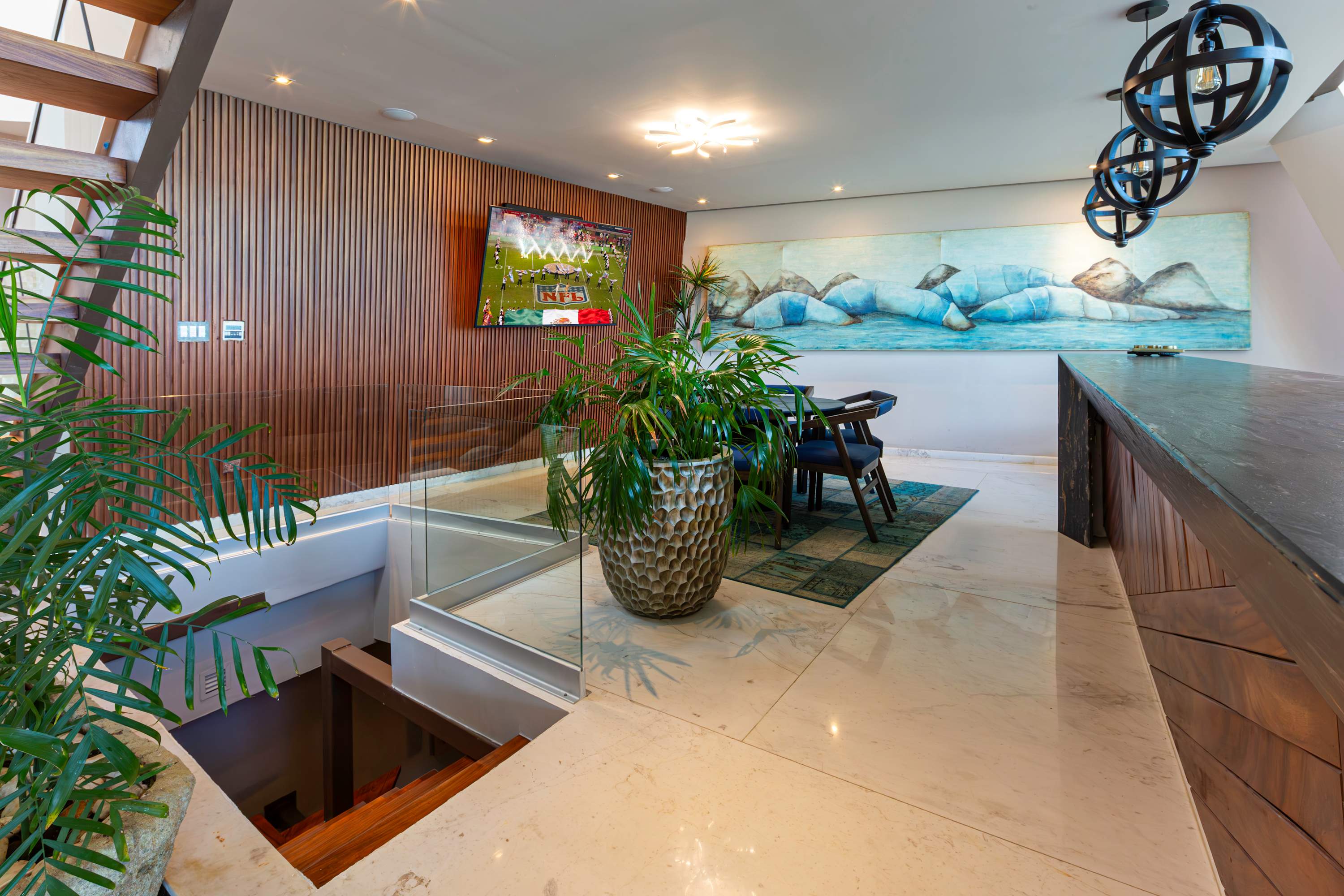 A modern dining room with a large plant, a dining table, and a TV displaying a football game.