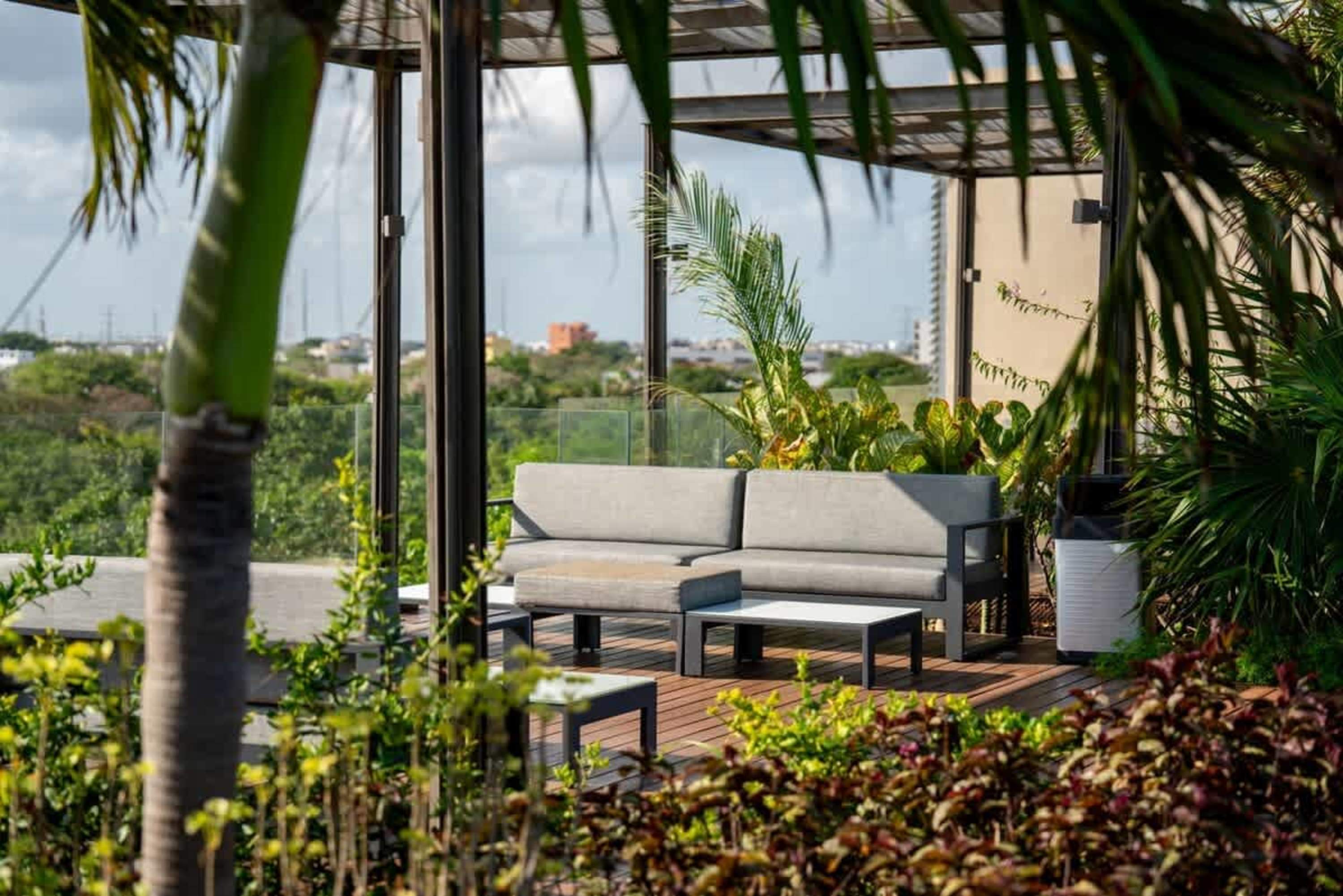 Outdoor patio with a grey sofa and coffee table, surrounded by tropical plants.