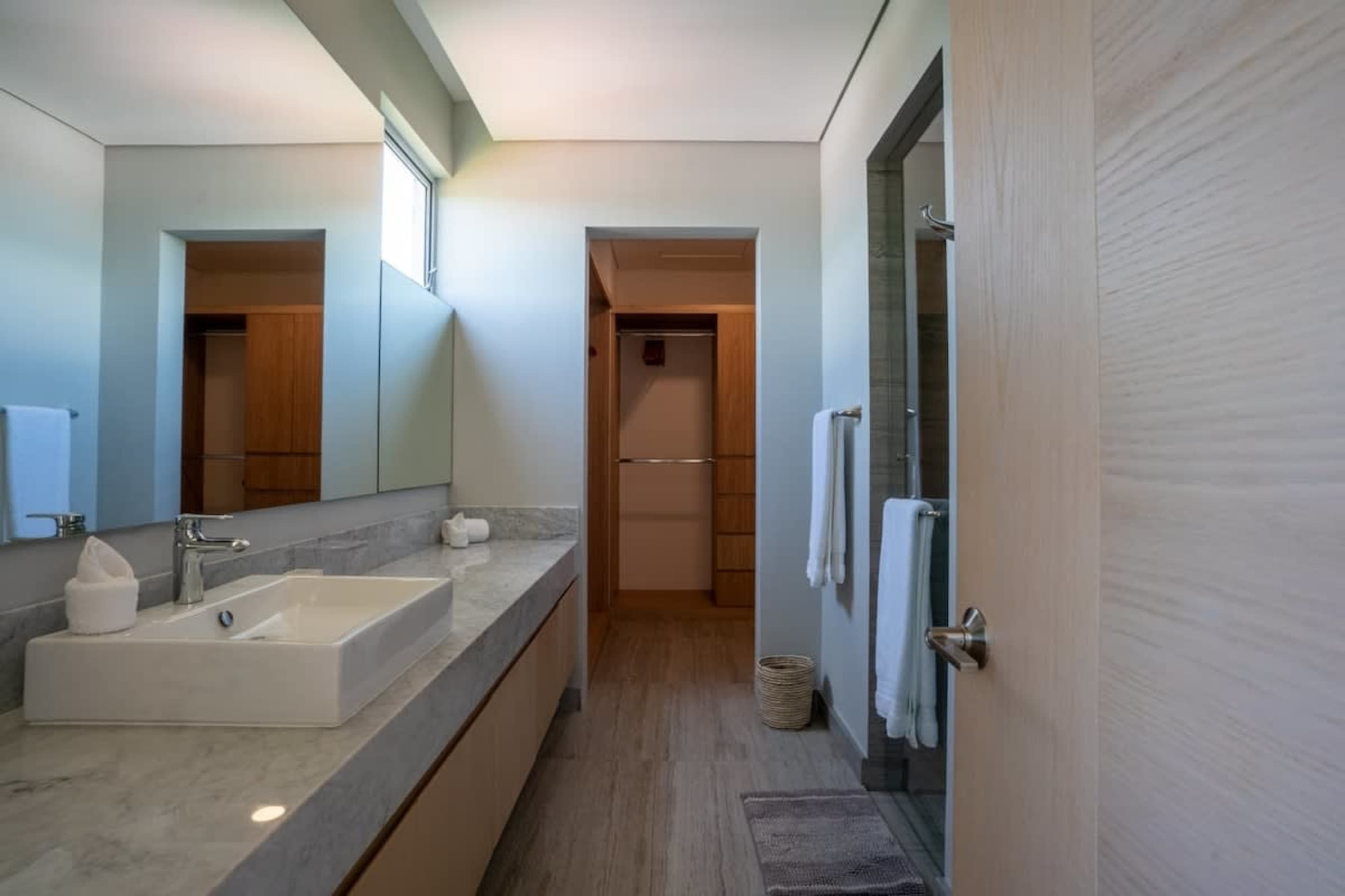 A modern bathroom with a sink, vanity, shower, and closet.