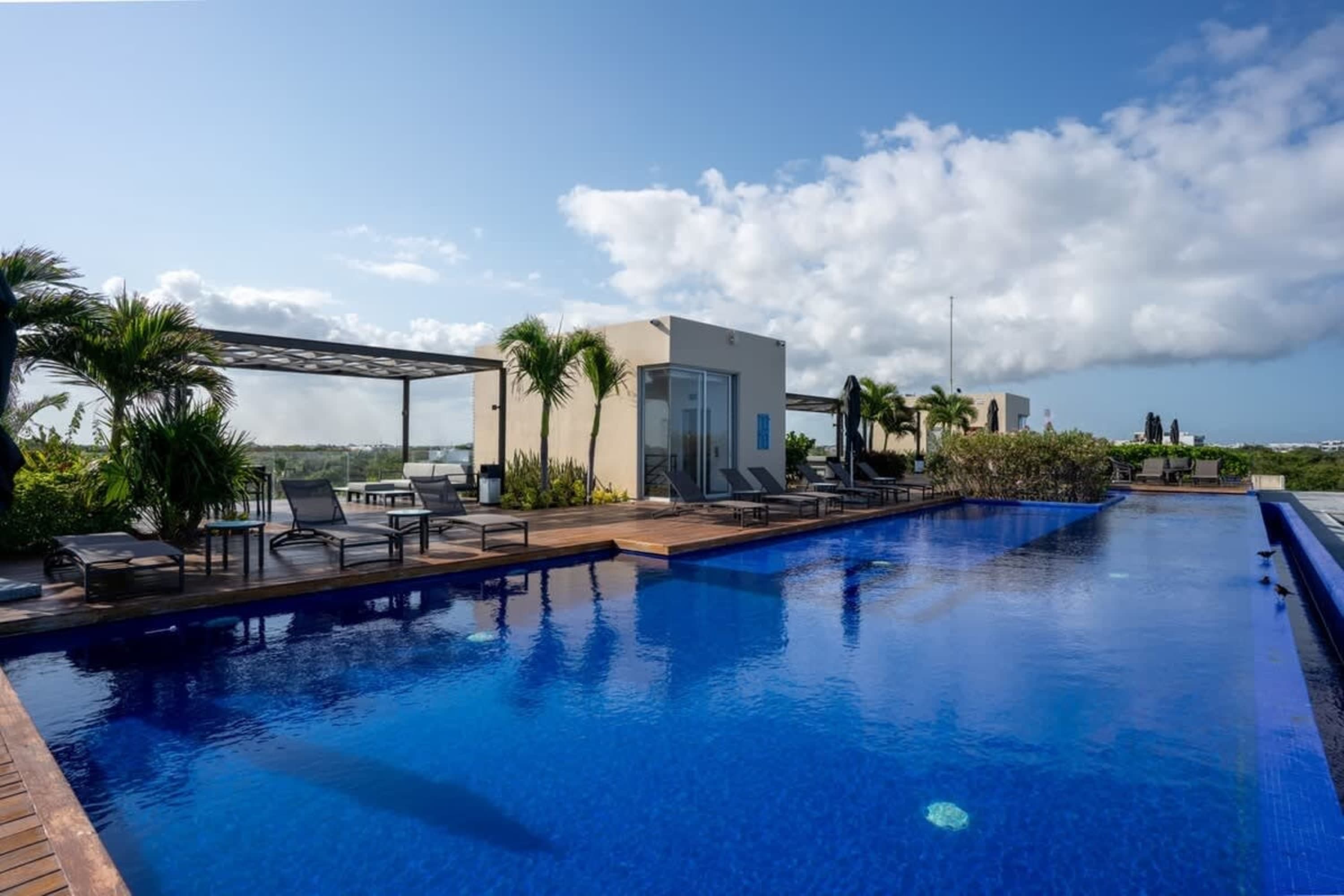 A rooftop infinity pool with lounge chairs and palm trees under a cloudy blue sky.