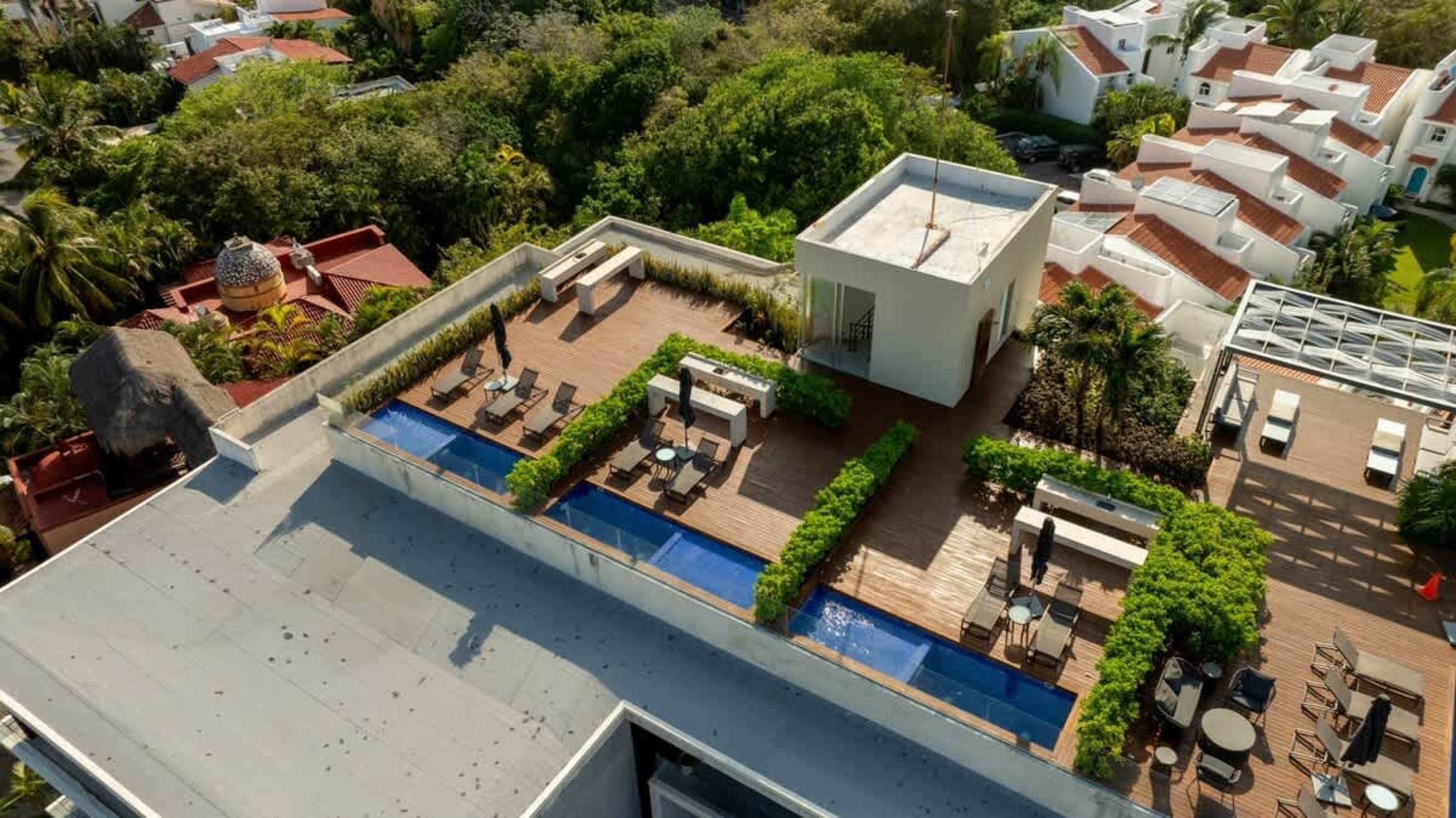 Rooftop with pools, lounge chairs, and surrounding greenery.