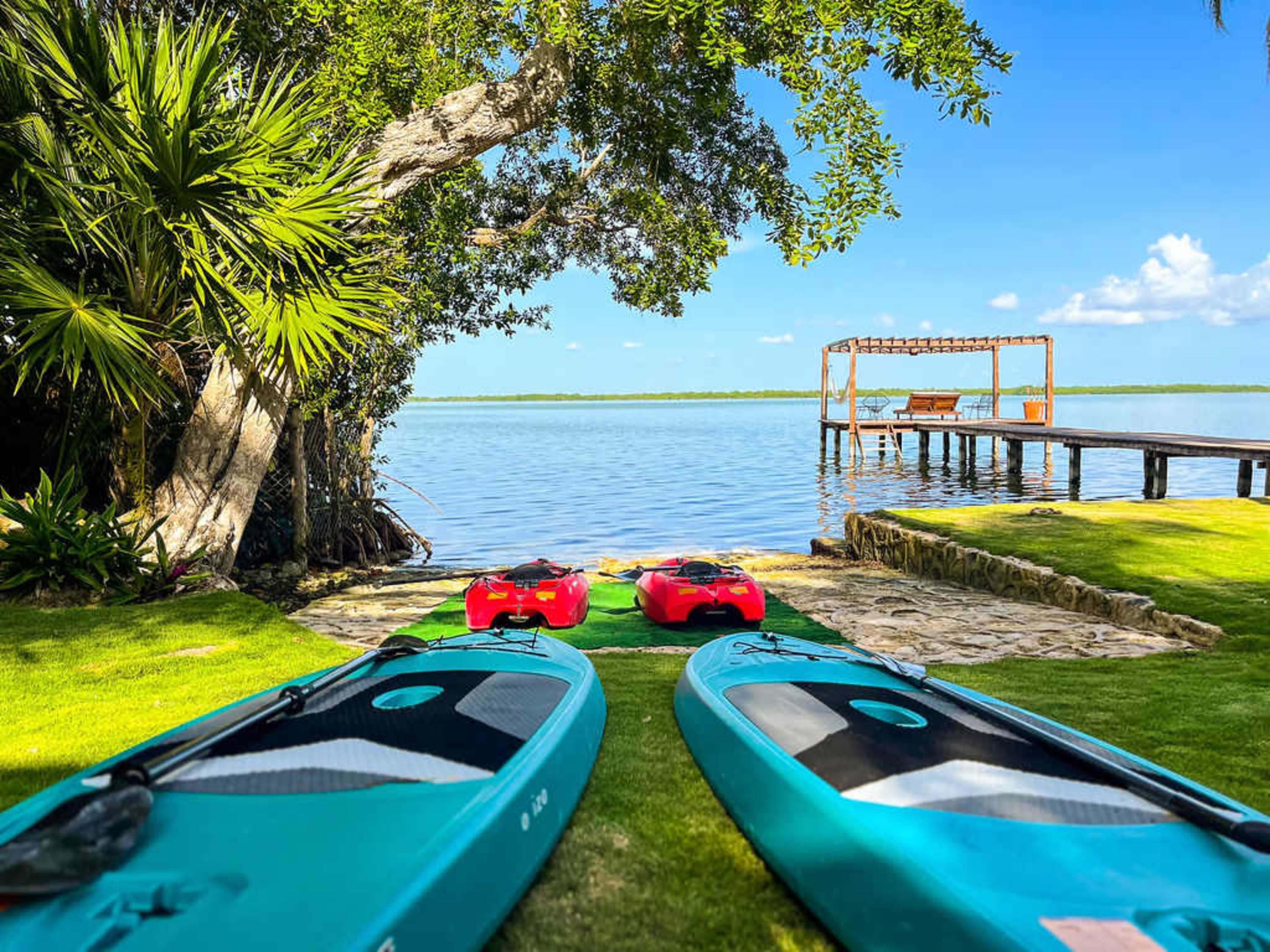 Two teal paddleboards are ready for use on a grassy shore, facing a calm lake.
