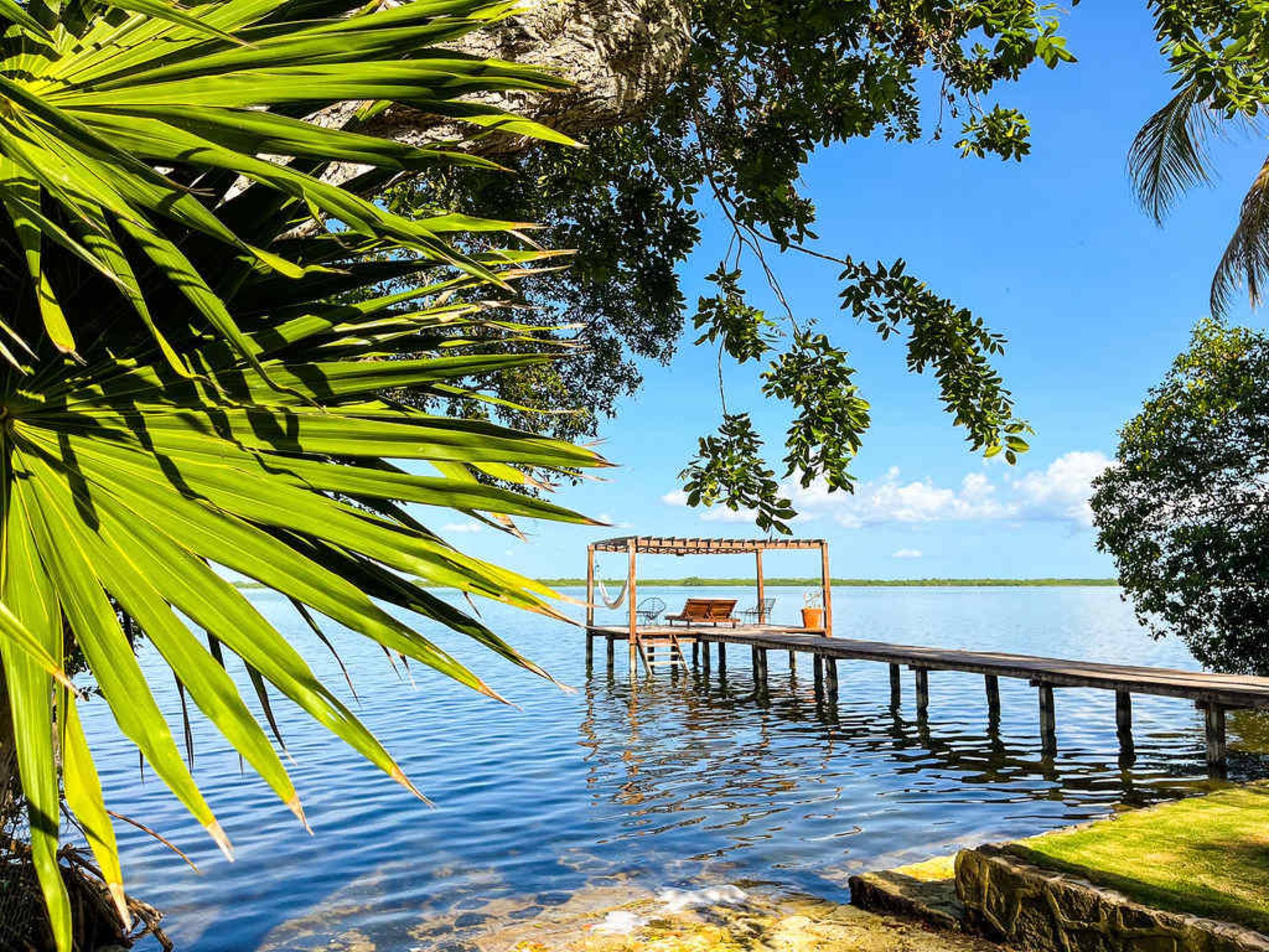 Palm fronds frame a wooden dock on a calm lake under a bright blue sky.