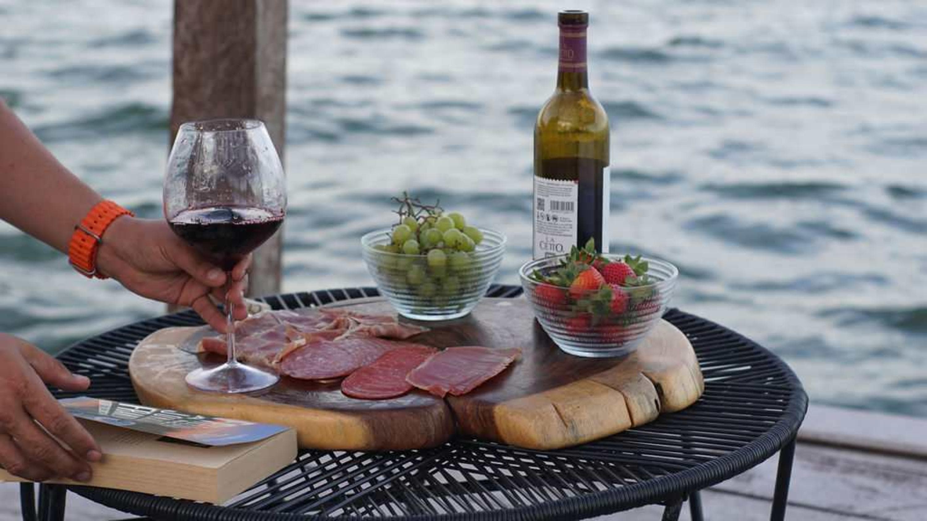 A table with wine, meat, grapes, strawberries, and a book by the water.