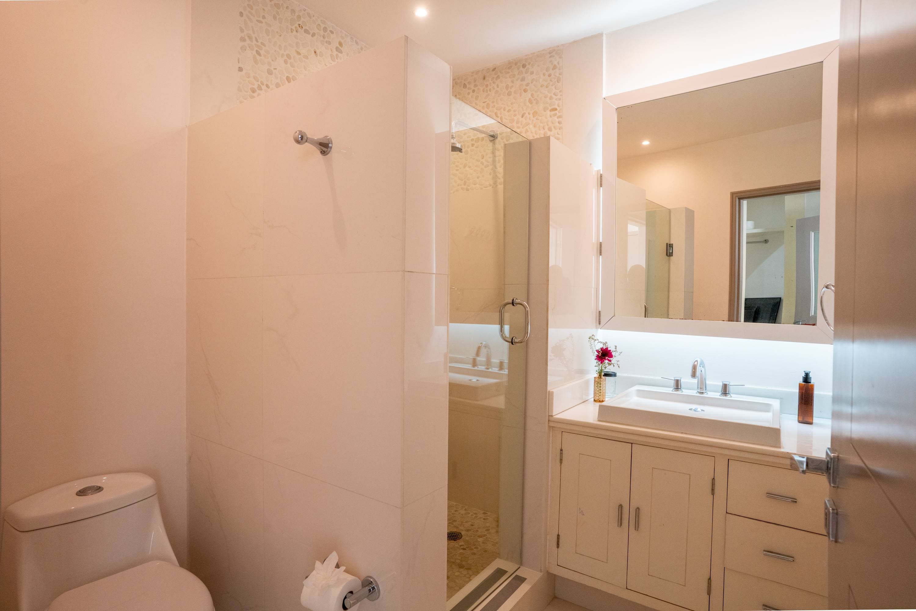 Modern bathroom with toilet, sink, shower, and mirror.