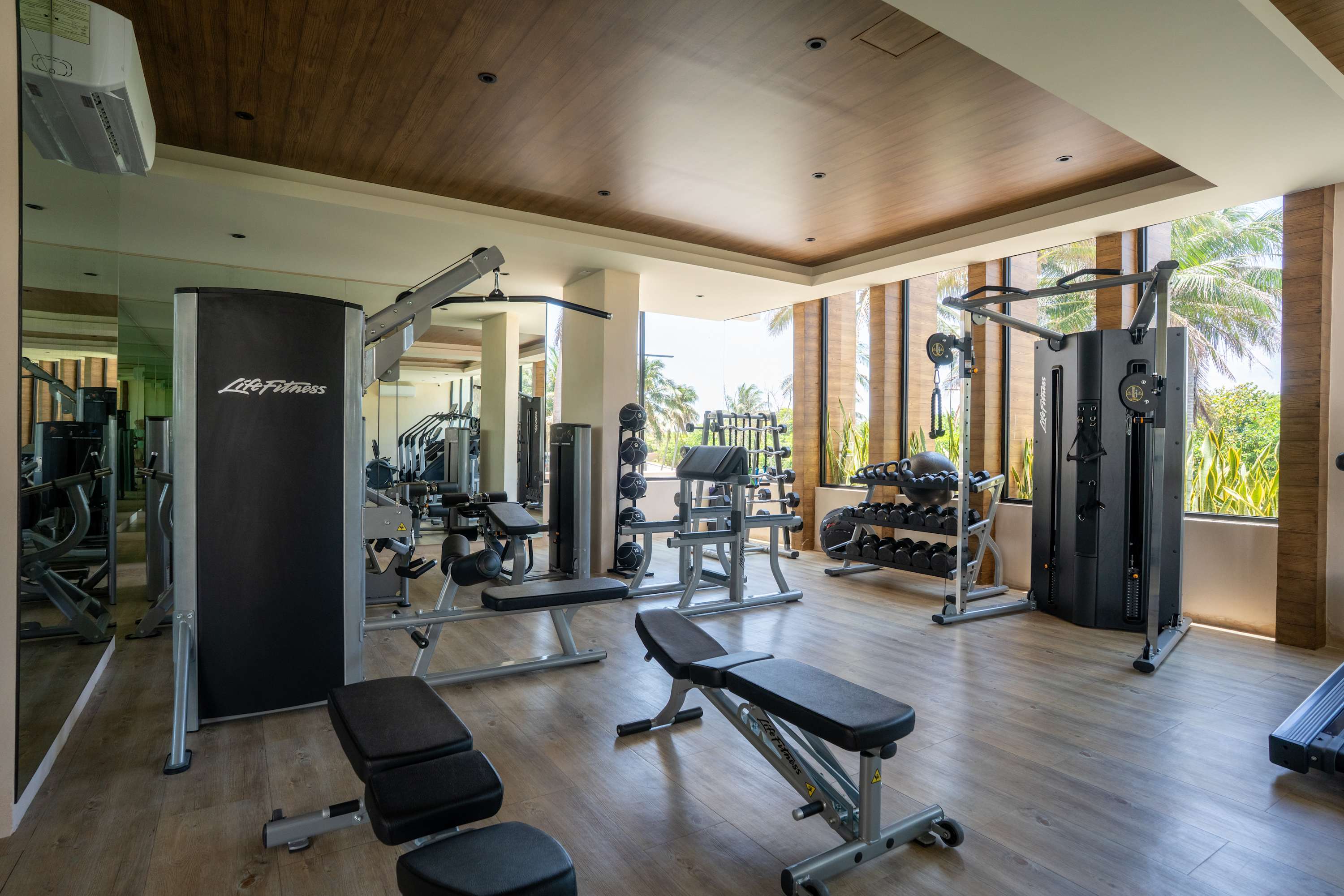 Gym with dumbbells, weight machines, treadmills, and benches near large windows with palm trees outs