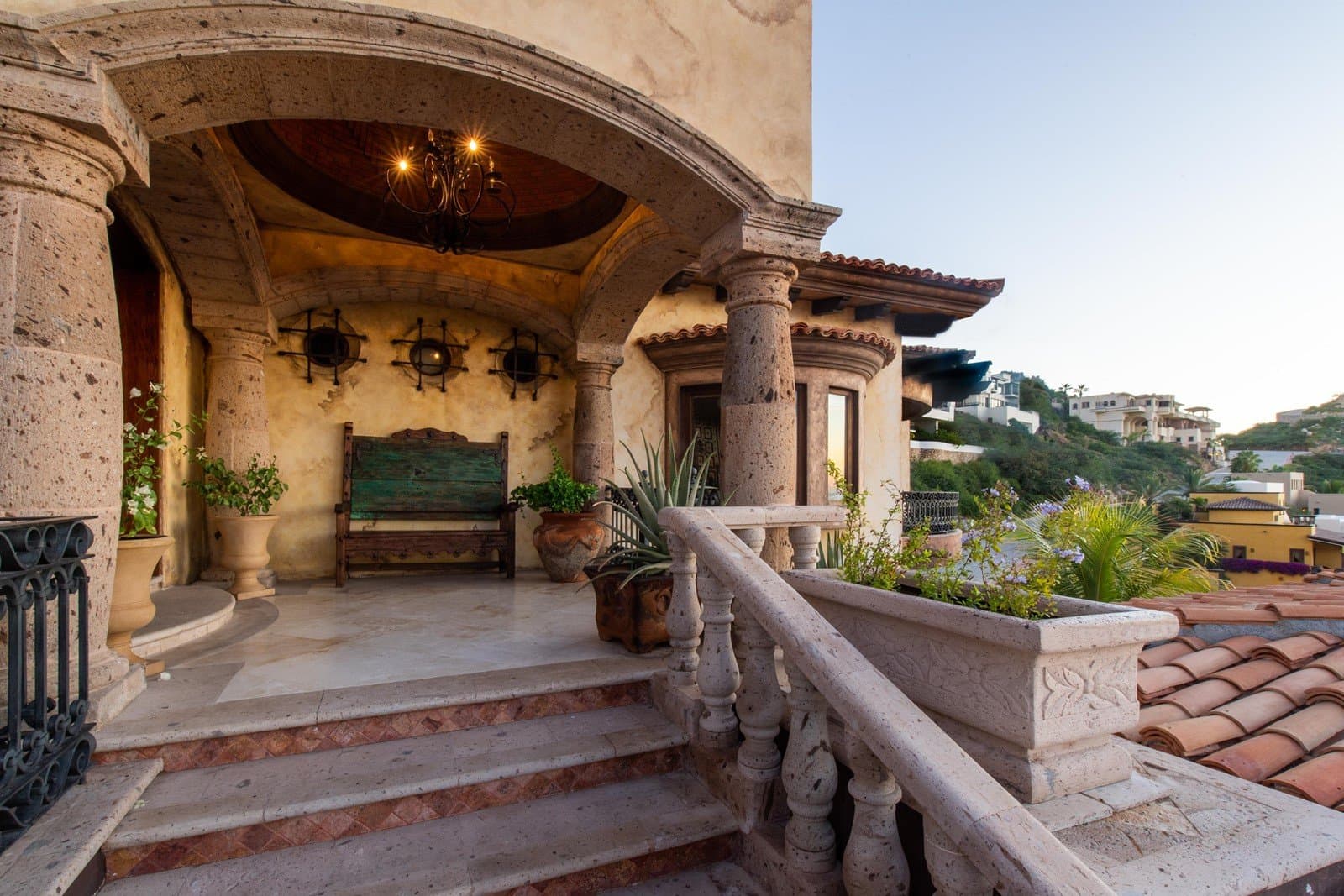 Stairs leading up to the entrance of the villa.