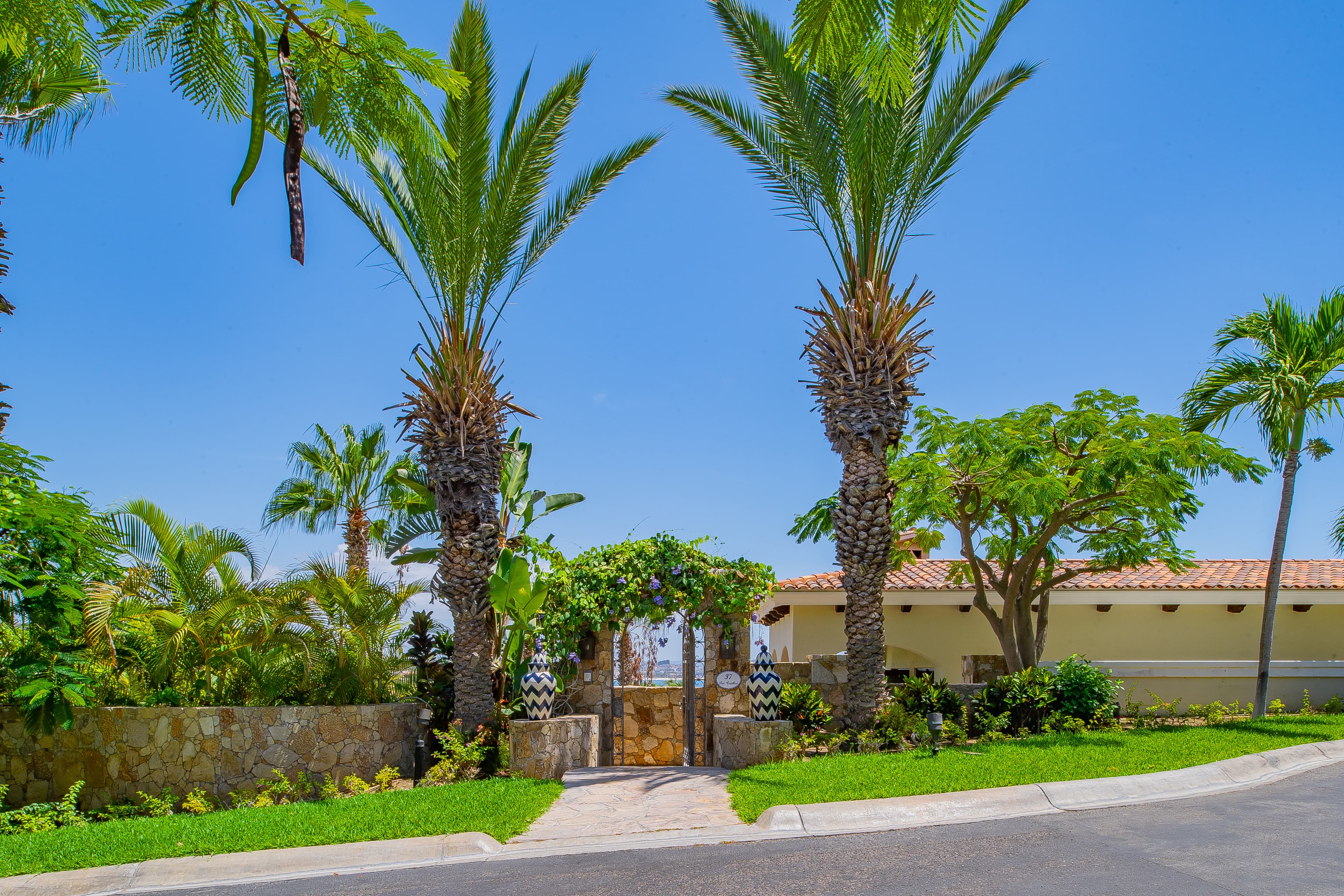 Lush tropical landscaping frames the property entrance with towering palms and vibrant greenery under clear blue skies, setting a serene tone for your arrival.