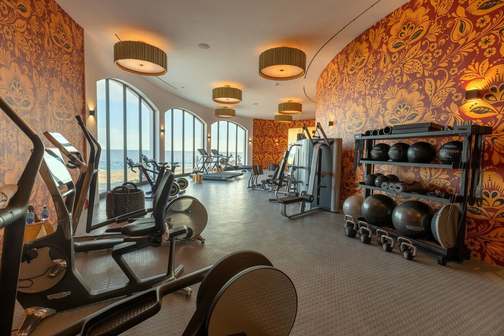 The personal gym of this Los Cabos beachfront villa, is complete with ellipticals, weights, and more.
