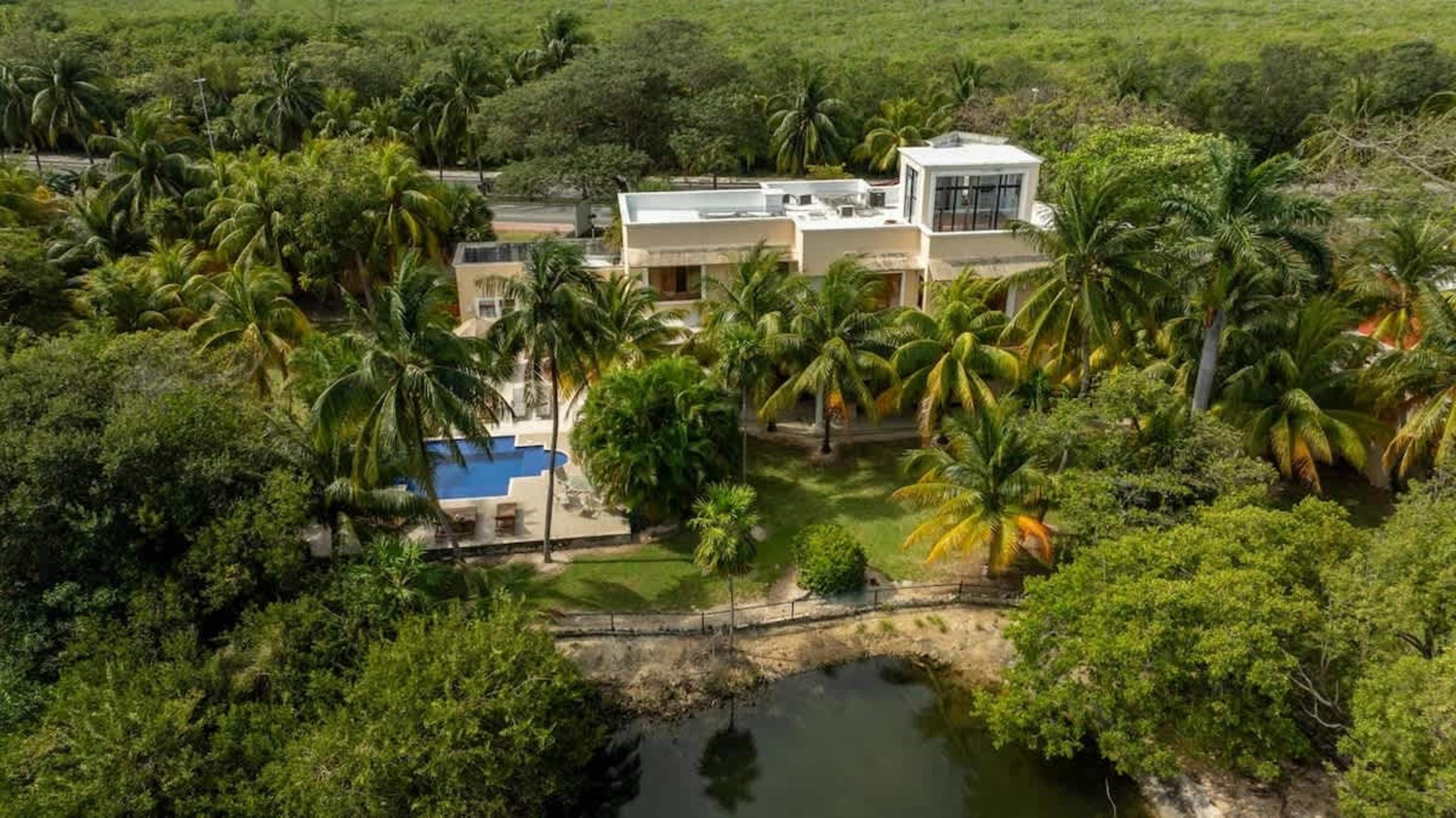 A modern villa surrounded by lush tropical vegetation and a pool.